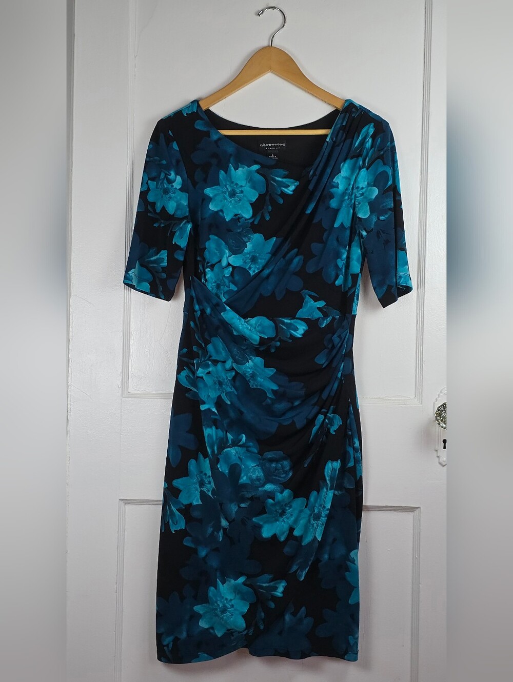 Connected Apparel Blue Floral Knit Dress Like New 8